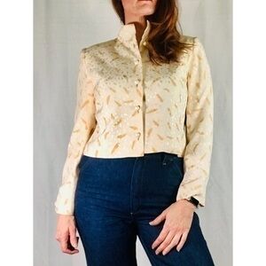 80’s Vintage ‘David Hayes’ Cream Abstract Monochrome Print Silk Crop Top